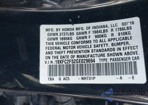 2016 Honda Civic Lx from USA, damaged, VIN 19XFC2F52GE029694